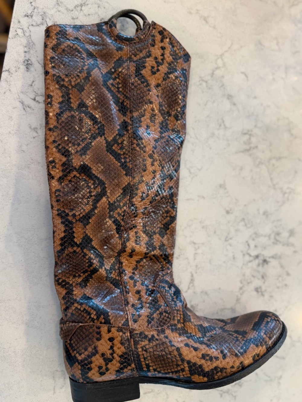 Frye Melissa Harness Pull On Tall- Brown Snakeskin Pattern Knee-High Boots - Picture 2 of 5
